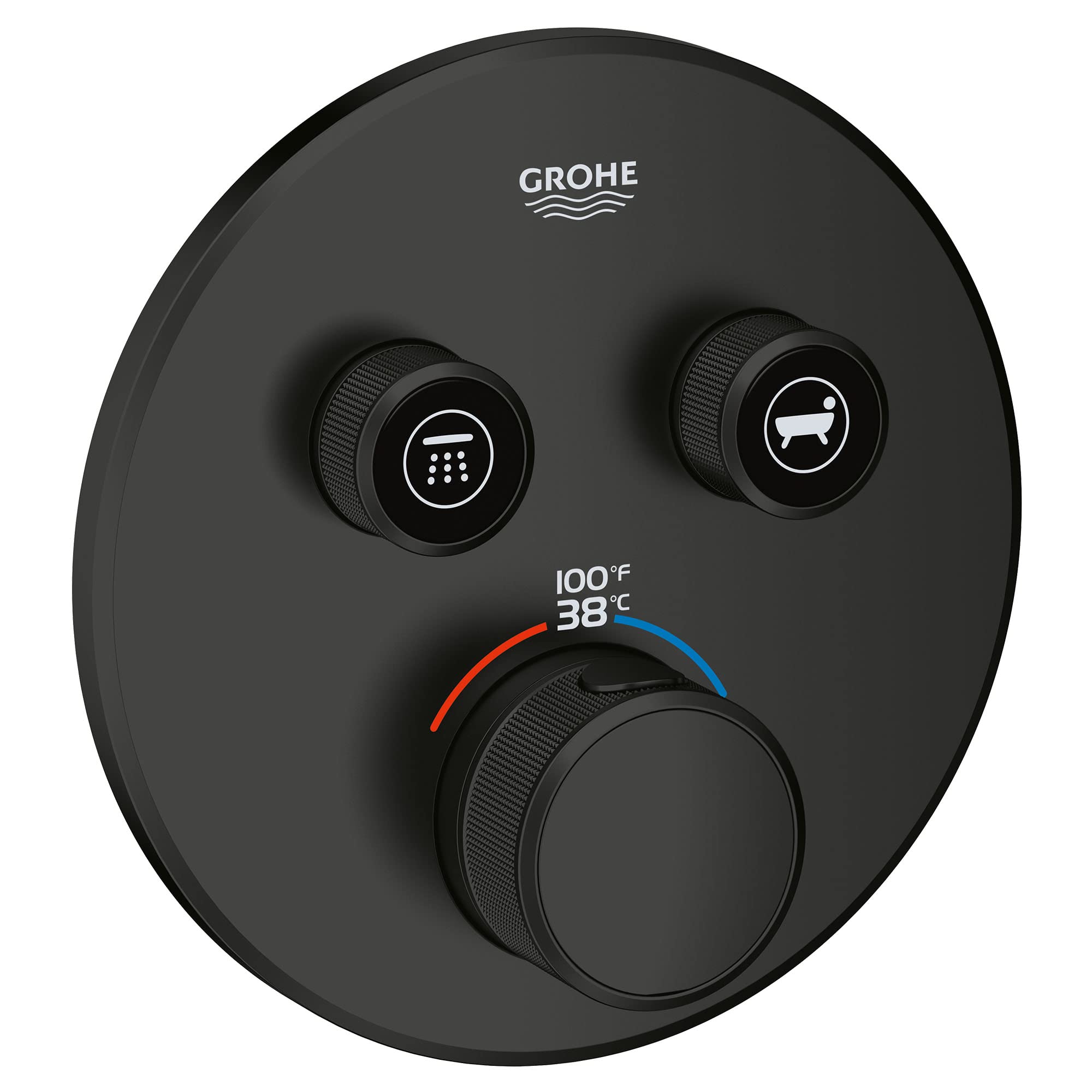Matte black circular valve trim with two top controls featuring shower and tub icons, and lower temperature dial with red and