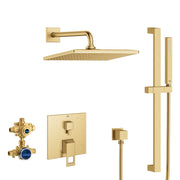 Grohe Eurocube pressure balance rain shower set in brushed gold finish with overhead and handheld showerheads, valve trim, an