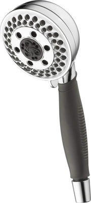 Chrome hand shower head with multiple spray jets arranged in concentric circles and black rubber grip handle.