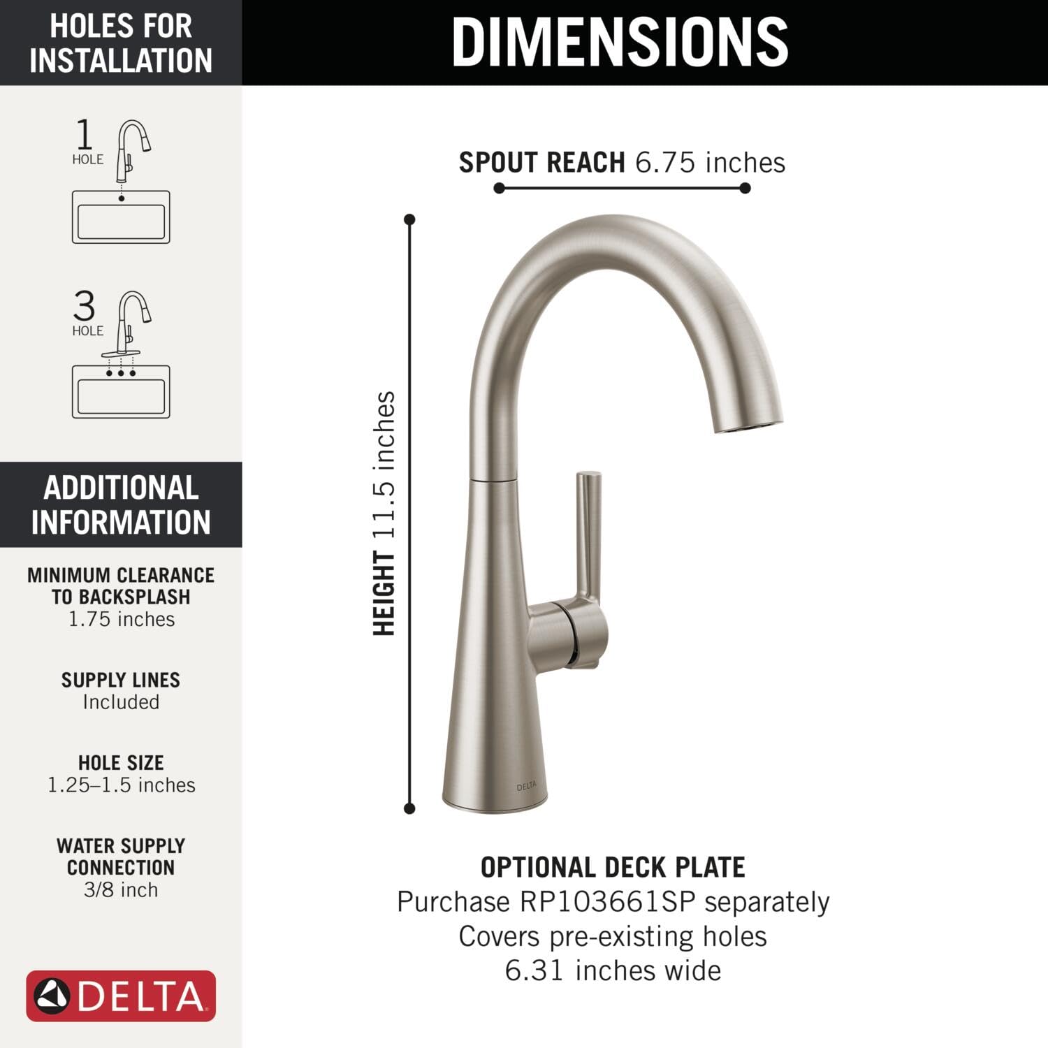 Stainless steel single-handle bar prep faucet with curved spout and side lever control, 11.5 inches tall.