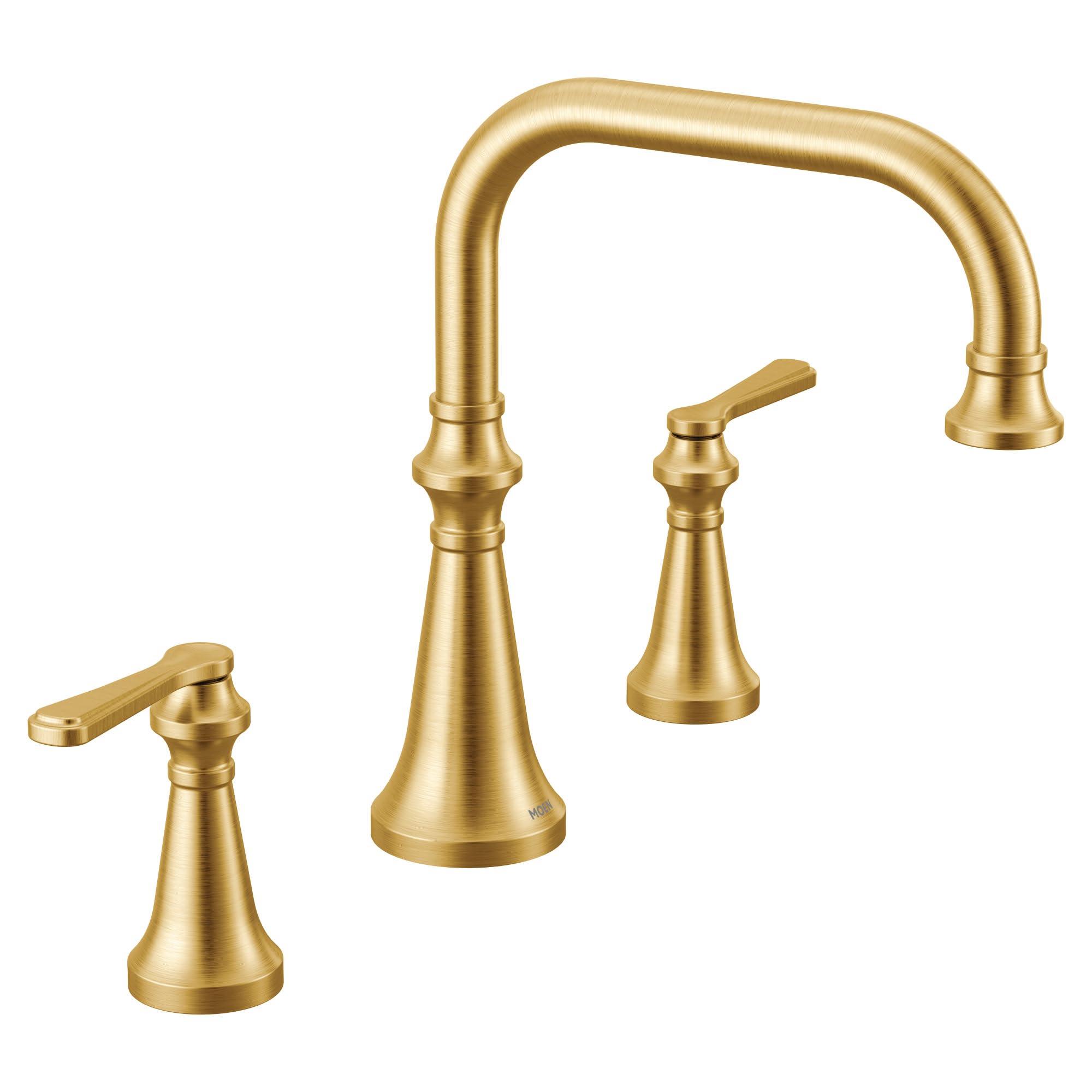 Brushed gold arc deck mount tub faucet with two lever handles and high spout.