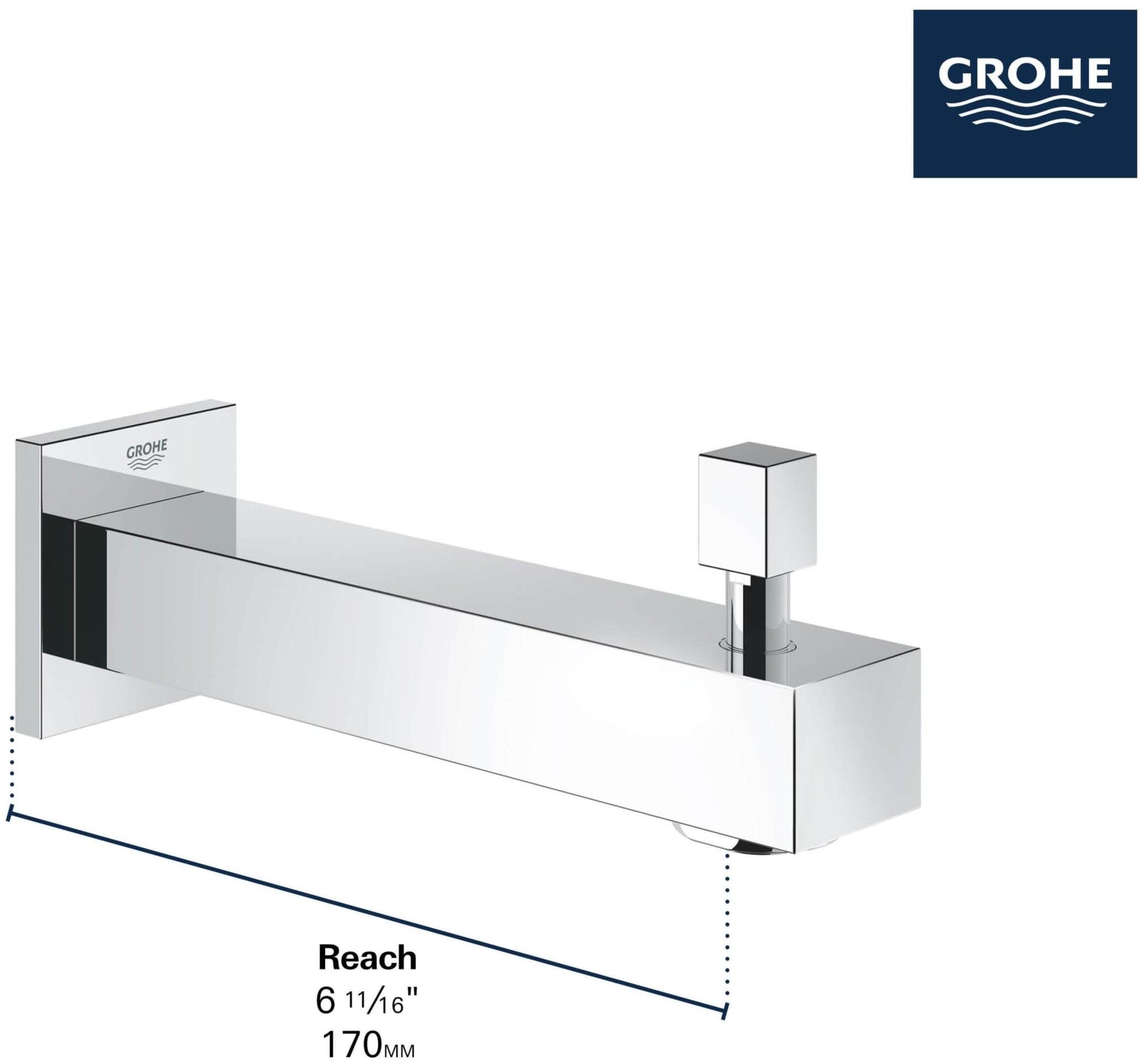 Matte black and chrome Grohe Eurocube diverter tub spout with wall-mounted square escutcheon and lever handle.