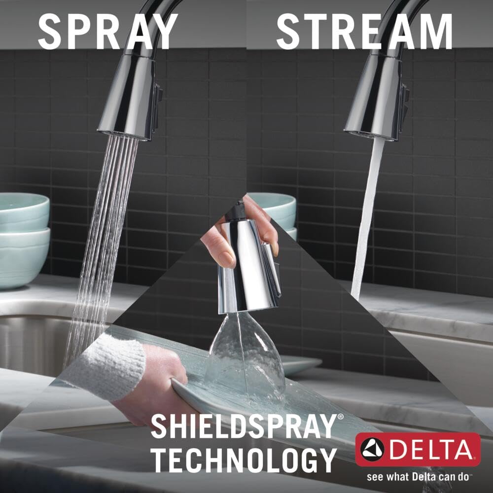 Chrome pull-down kitchen faucet with dual spray and stream modes demonstrated filling a glass.