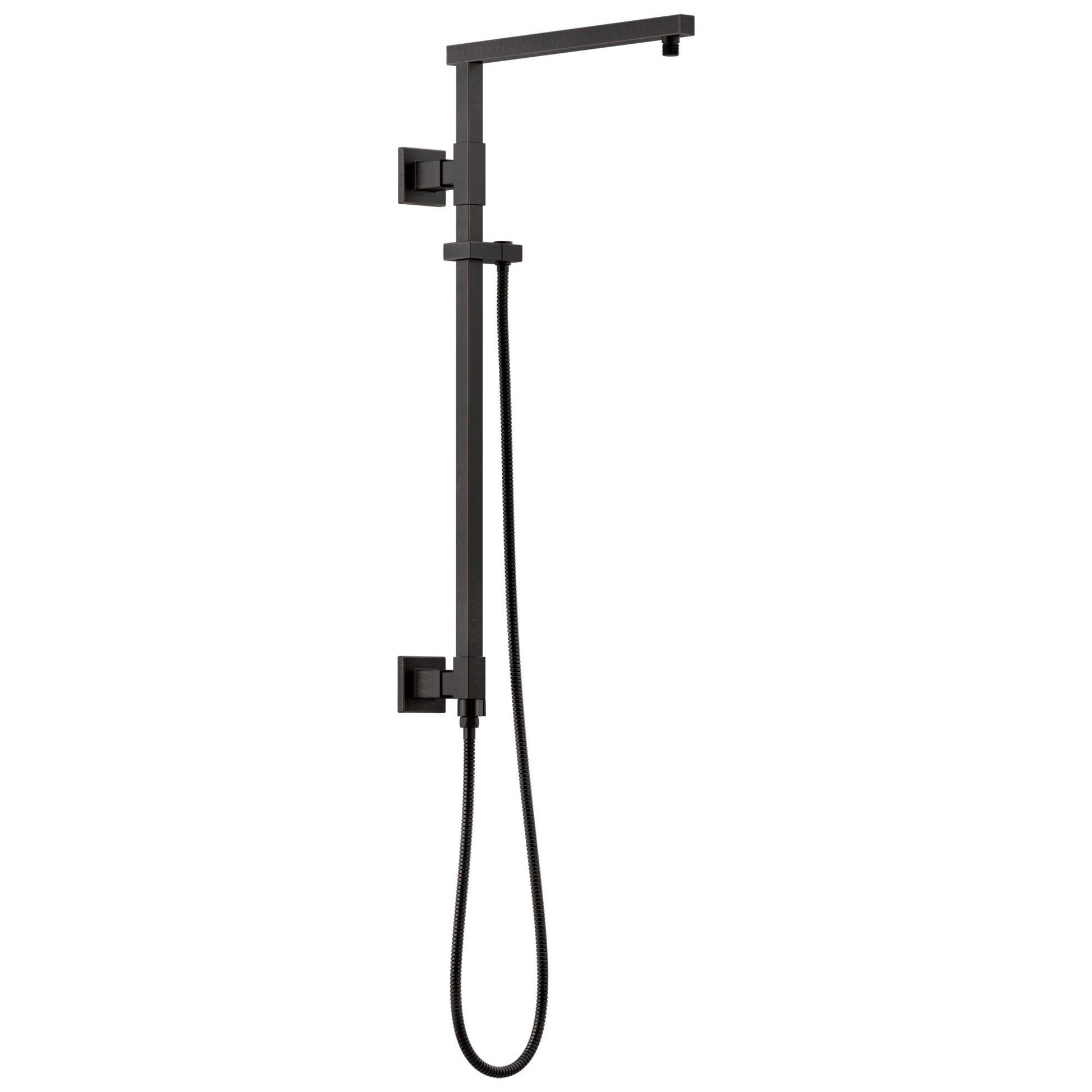 Black angular shower column with overhead rainfall head, angled arm, handheld showerhead, and wall-mounted controls.