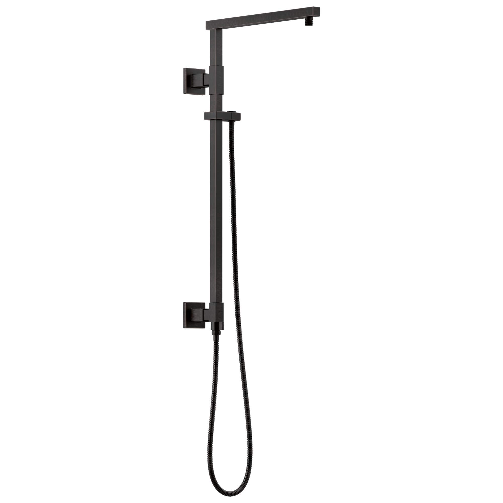 Black angular shower column with overhead rainfall head, angled arm, handheld showerhead, and wall-mounted controls.