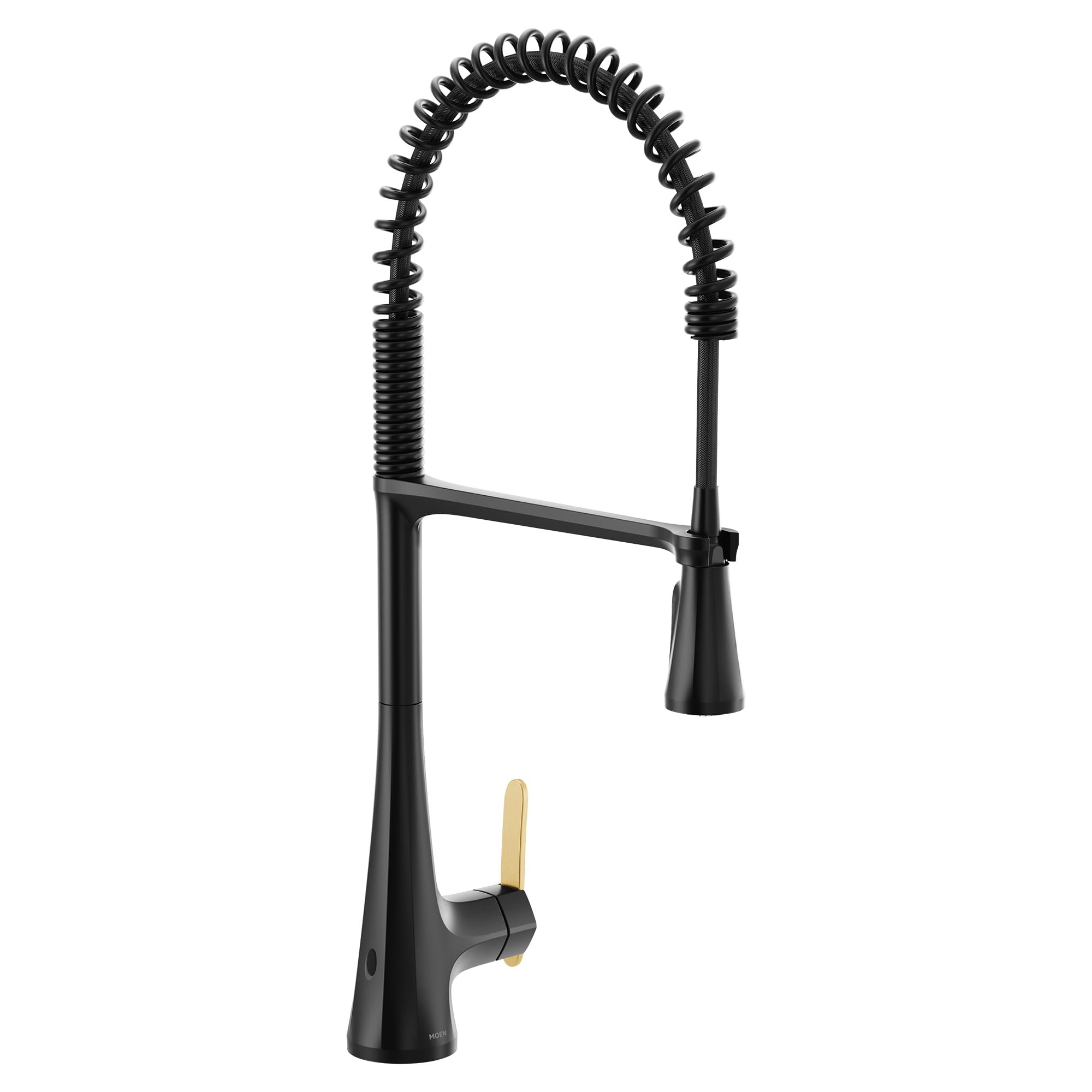 Matte black single-handle kitchen faucet with high arc spout, coiled pulldown sprayer, and gold accent lever handle.