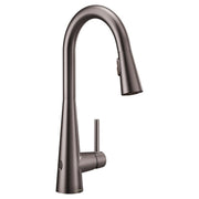 Black stainless steel pulldown kitchen faucet with high arc spout and single handle.
