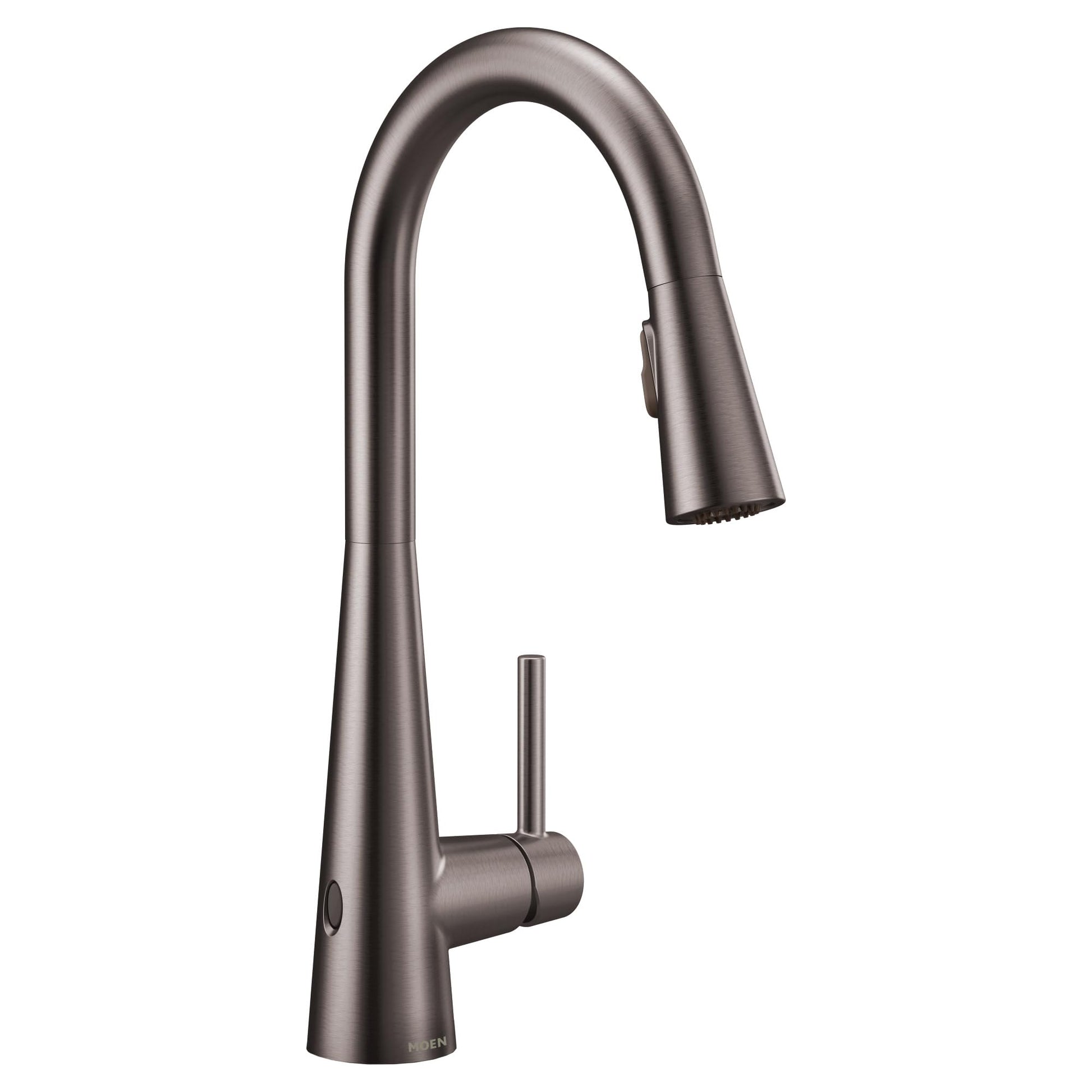 Black stainless steel pulldown kitchen faucet with high arc spout and single handle.