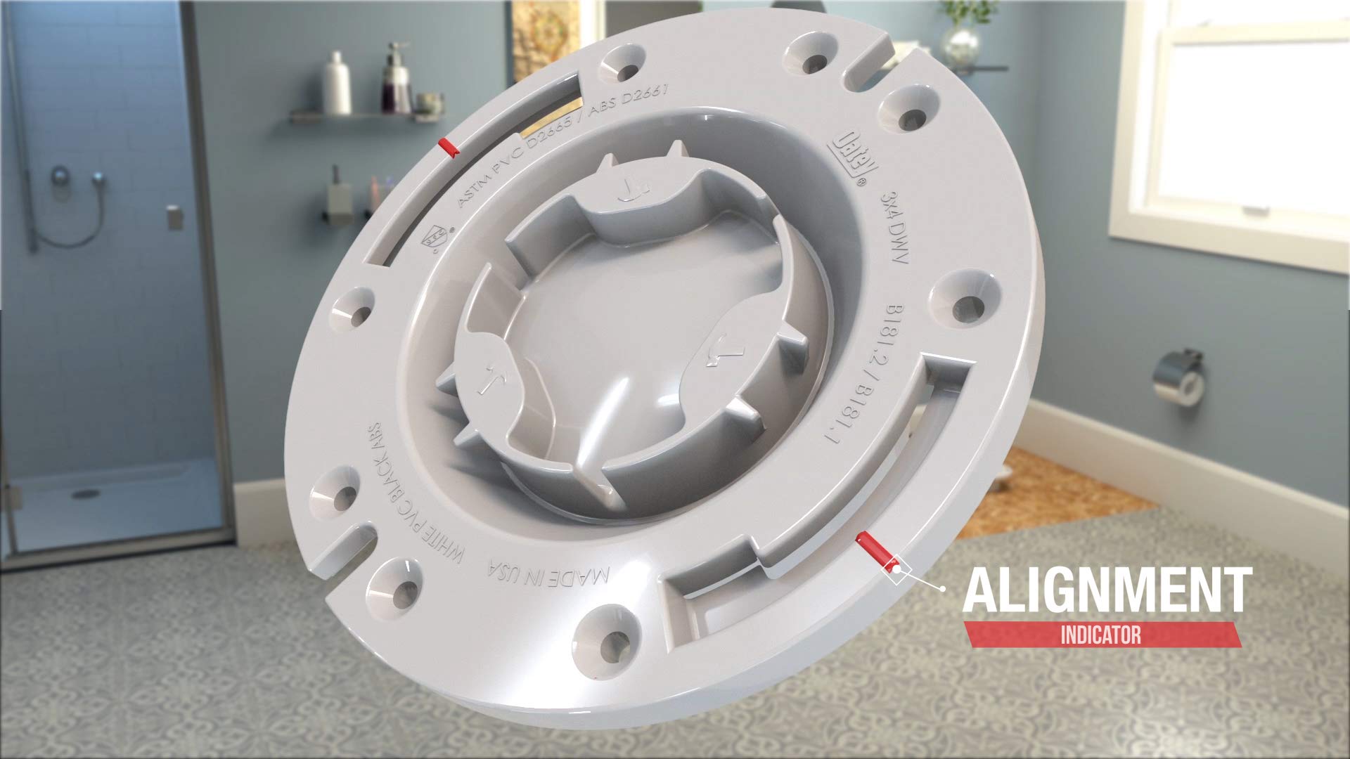 White PVC closet flange with plastic ring, mounting holes around perimeter, and alignment indicator marking.