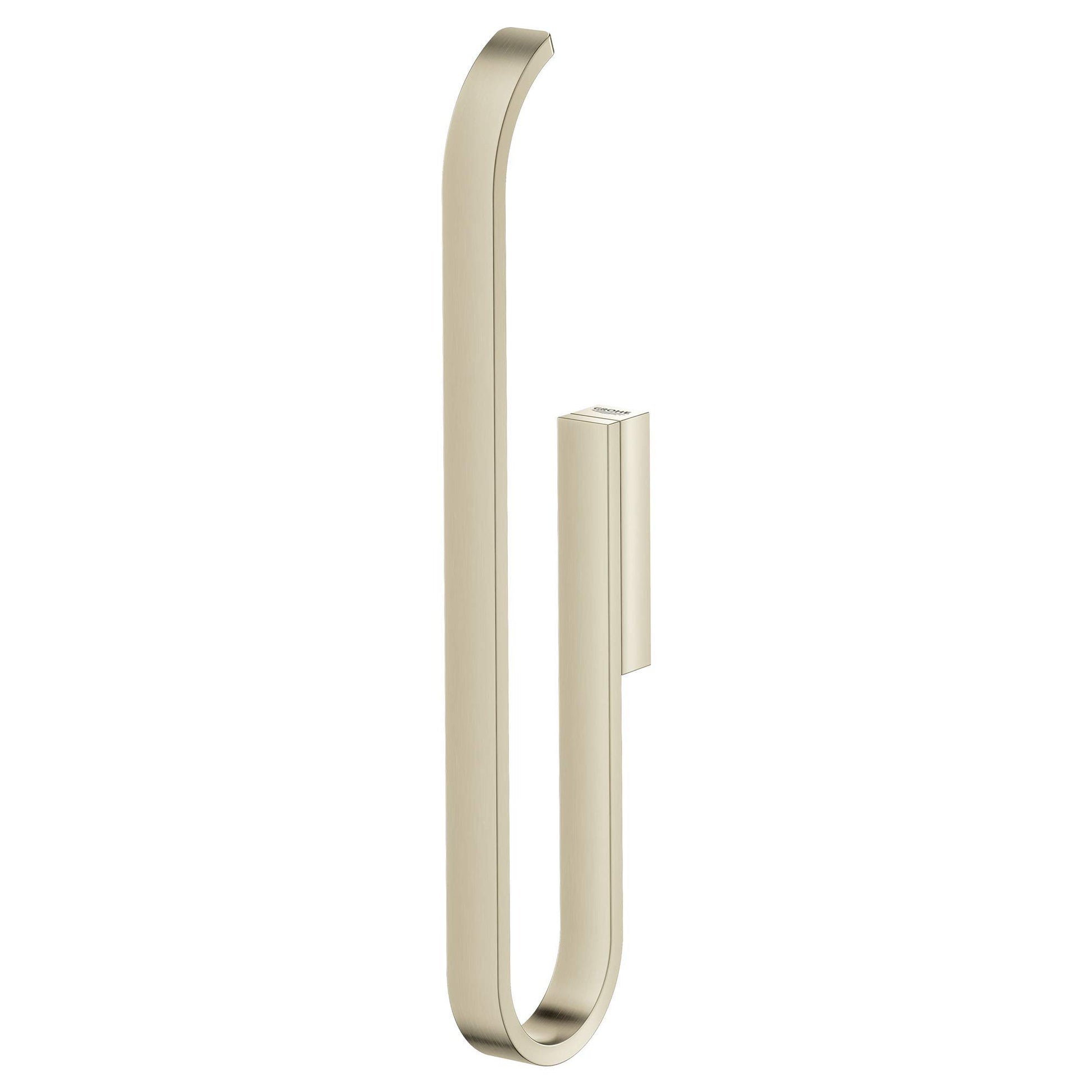 Brushed nickel curved paper holder with elongated U-shaped design and mounting bracket.