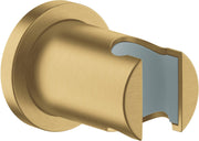 Brushed gold wall-mounted hand shower holder with blue-gray connector bracket and circular mounting base.