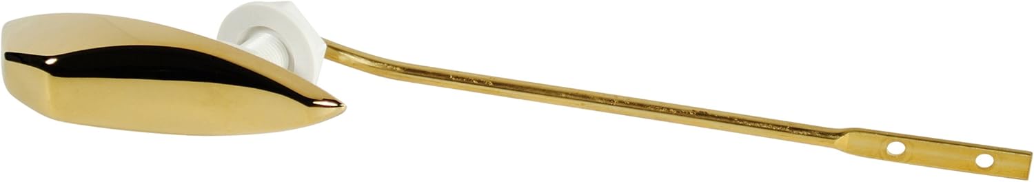 Polished brass trip lever with elongated handle and white mounting bracket for toilet tank.