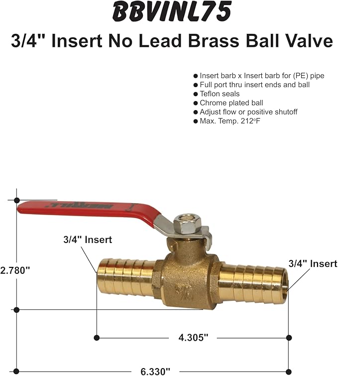 Brass ball valve with red lever handle, 3/4 inch insert barb connections on both ends, chrome-plated ball, and teflon seals.