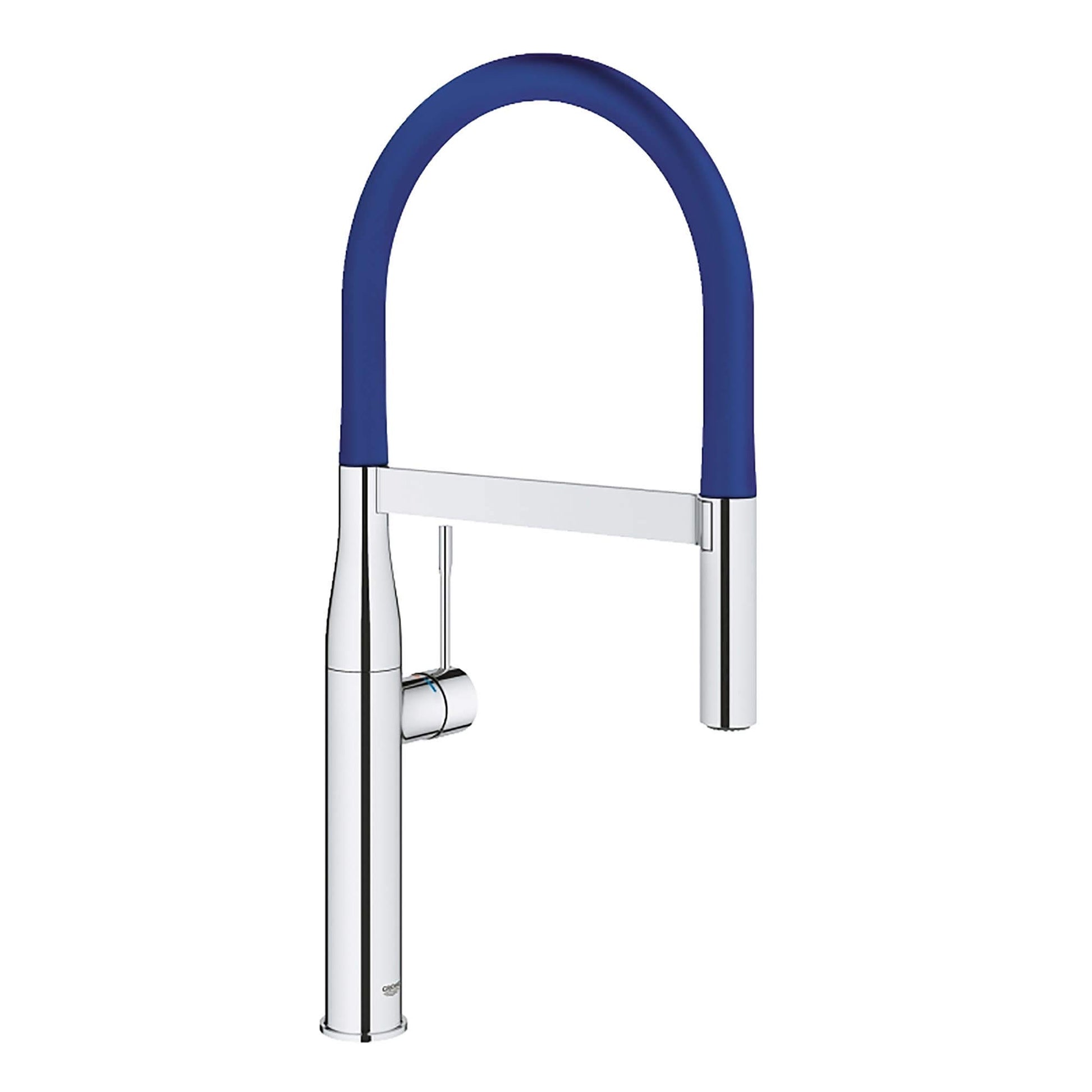 Chrome kitchen faucet with dark blue flexible hose and tall curved spout.