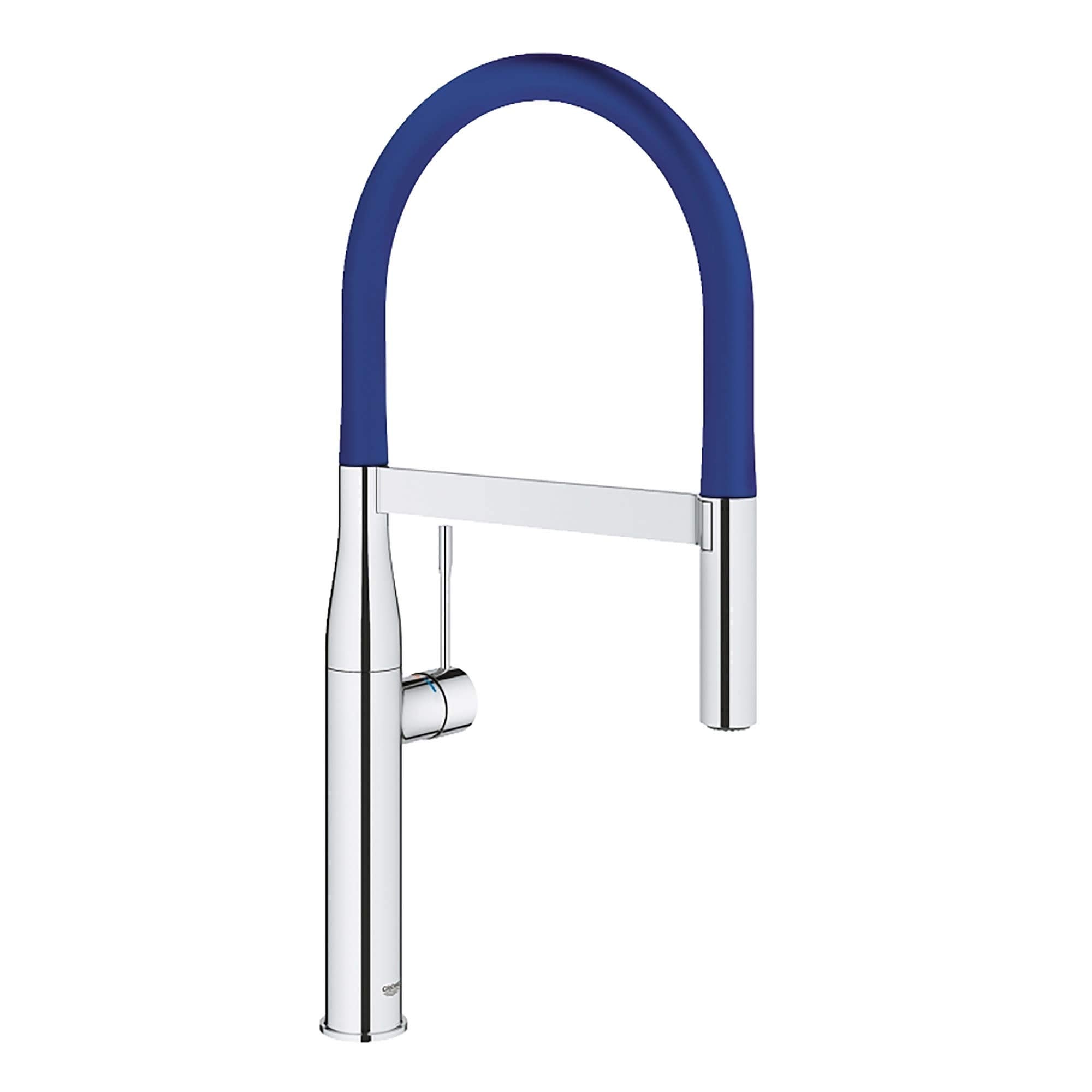Chrome kitchen faucet with dark blue flexible hose and tall curved spout.