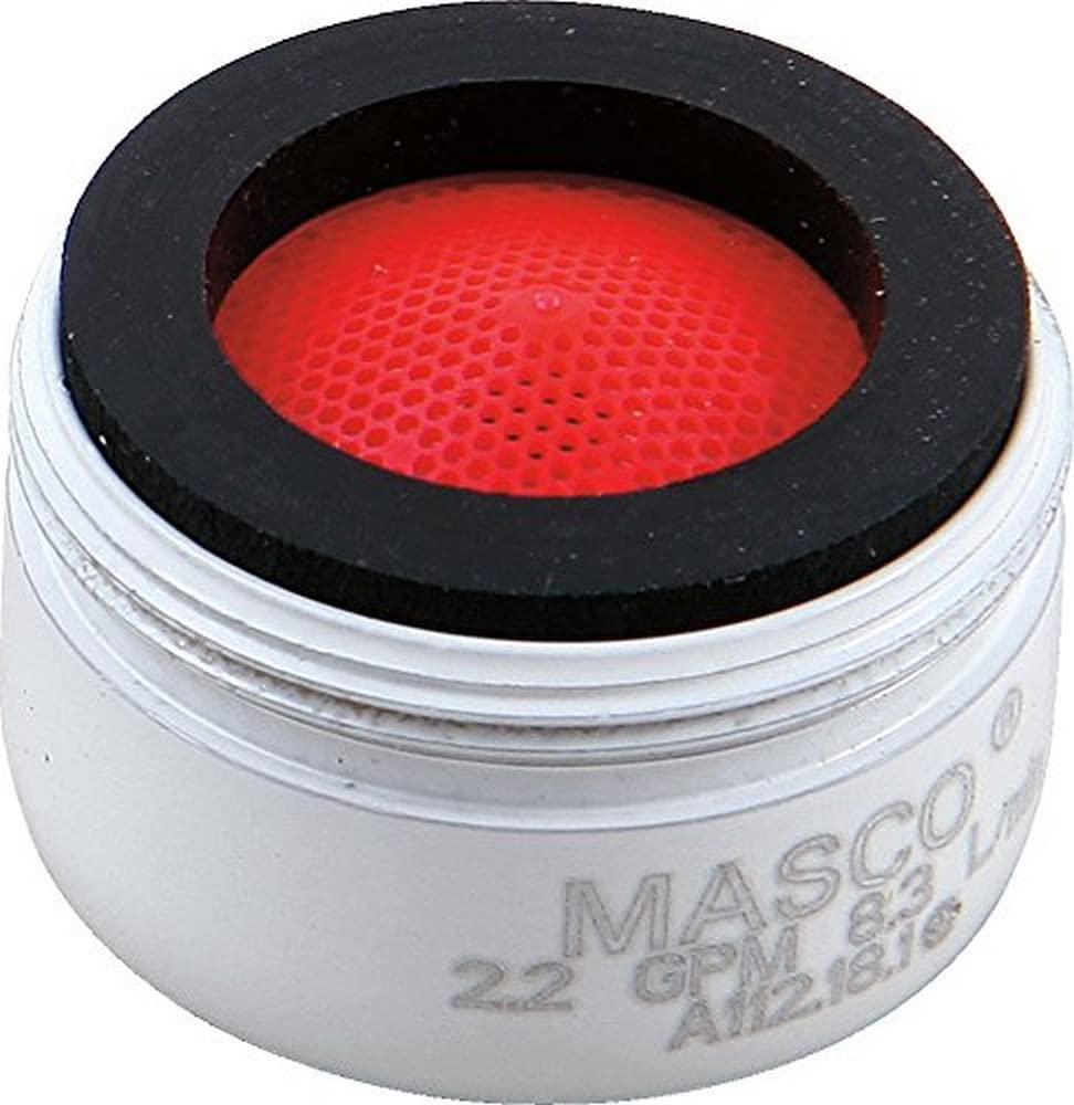 White threaded faucet aerator with red perforated disc and black rubber ring, labeled "MASCO 2.2 GPM."