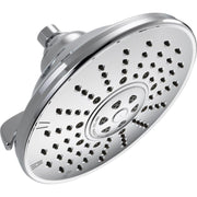Chrome raincan shower head with multiple spray jets and adjustable center dial for water setting control.