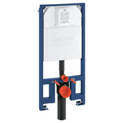 Grohe Rapid SL slim in-wall carrier with white cistern, blue steel frame, black pipe, and red valve connections.
