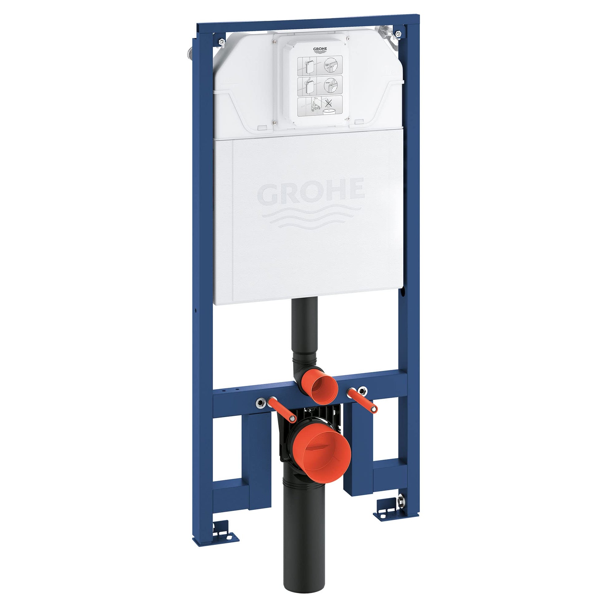 Grohe Rapid SL slim in-wall carrier with white cistern, blue steel frame, black pipe, and red valve connections.