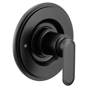 Moen Greenfield matte black single handle tub and shower faucet with lever handle and circular trim plate.