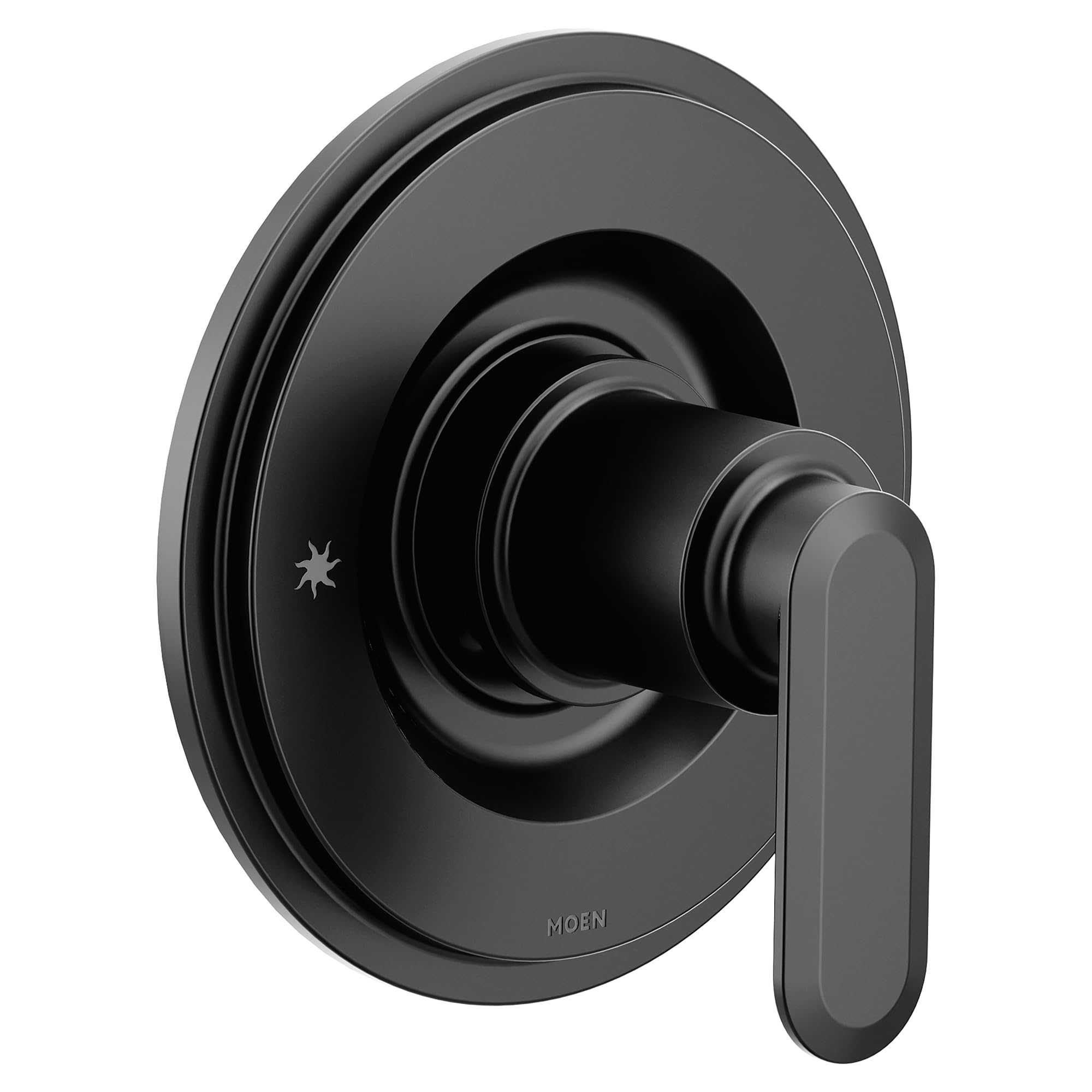Moen Greenfield matte black single handle tub and shower faucet with lever handle and circular trim plate.
