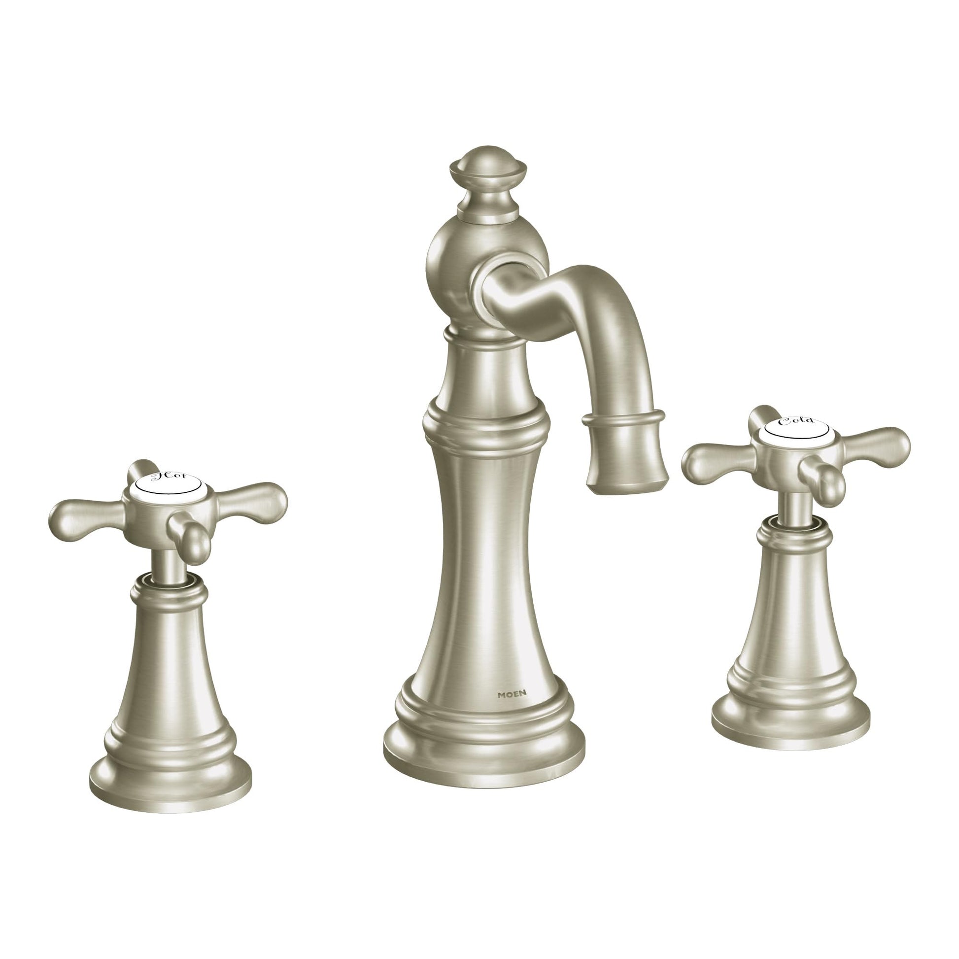 Brushed nickel two-handle widespread bathroom faucet trim with cross handles and curved spout.