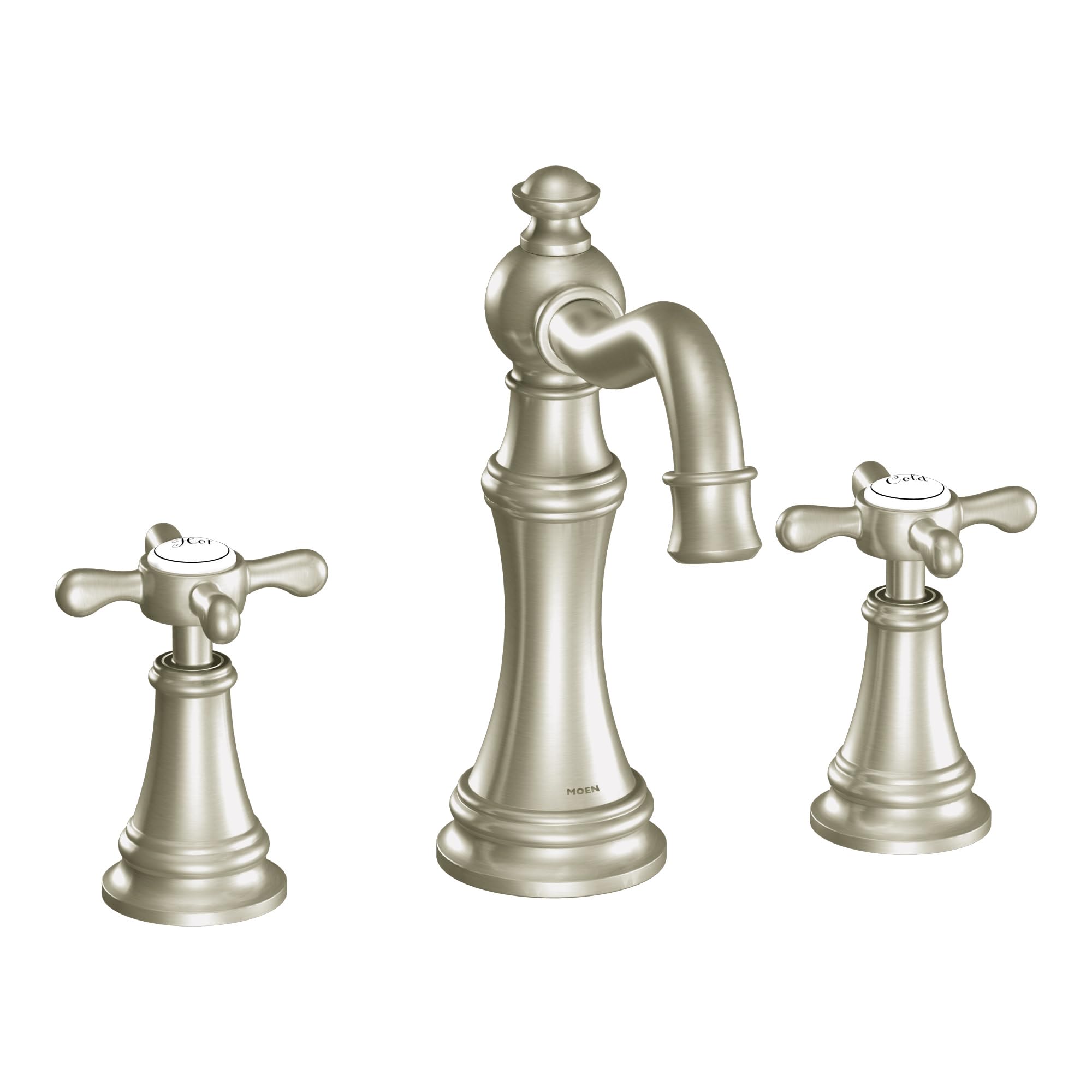 Brushed nickel two-handle widespread bathroom faucet trim with cross handles and curved spout.