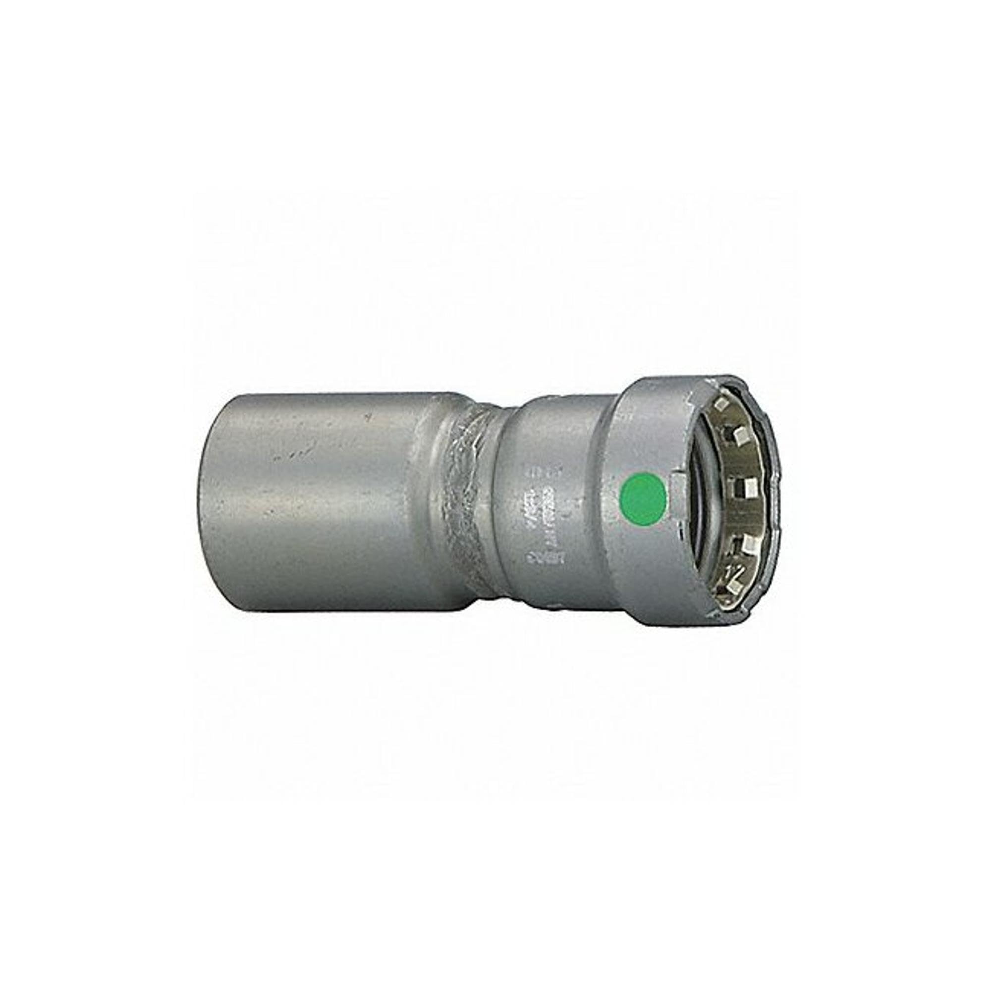 Silver metal press reducer fitting with green indicator dot on threaded end.