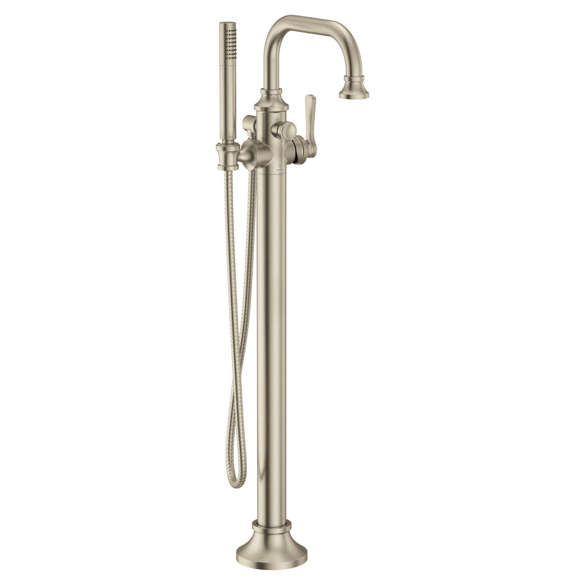 Brushed nickel freestanding tub filler with curved spout, single lever handle, and detachable handheld showerhead on hose.