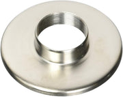 Brushed nickel circular mounting sleeve with threaded center opening for wall-mount bathroom fixtures.