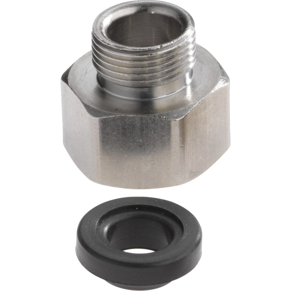Chrome slip joint adapter with threaded male connection and black rubber washer.