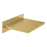 Brushed gold waterfall tub spout with wall-mounted rectangular escutcheon and angled spout outlet.