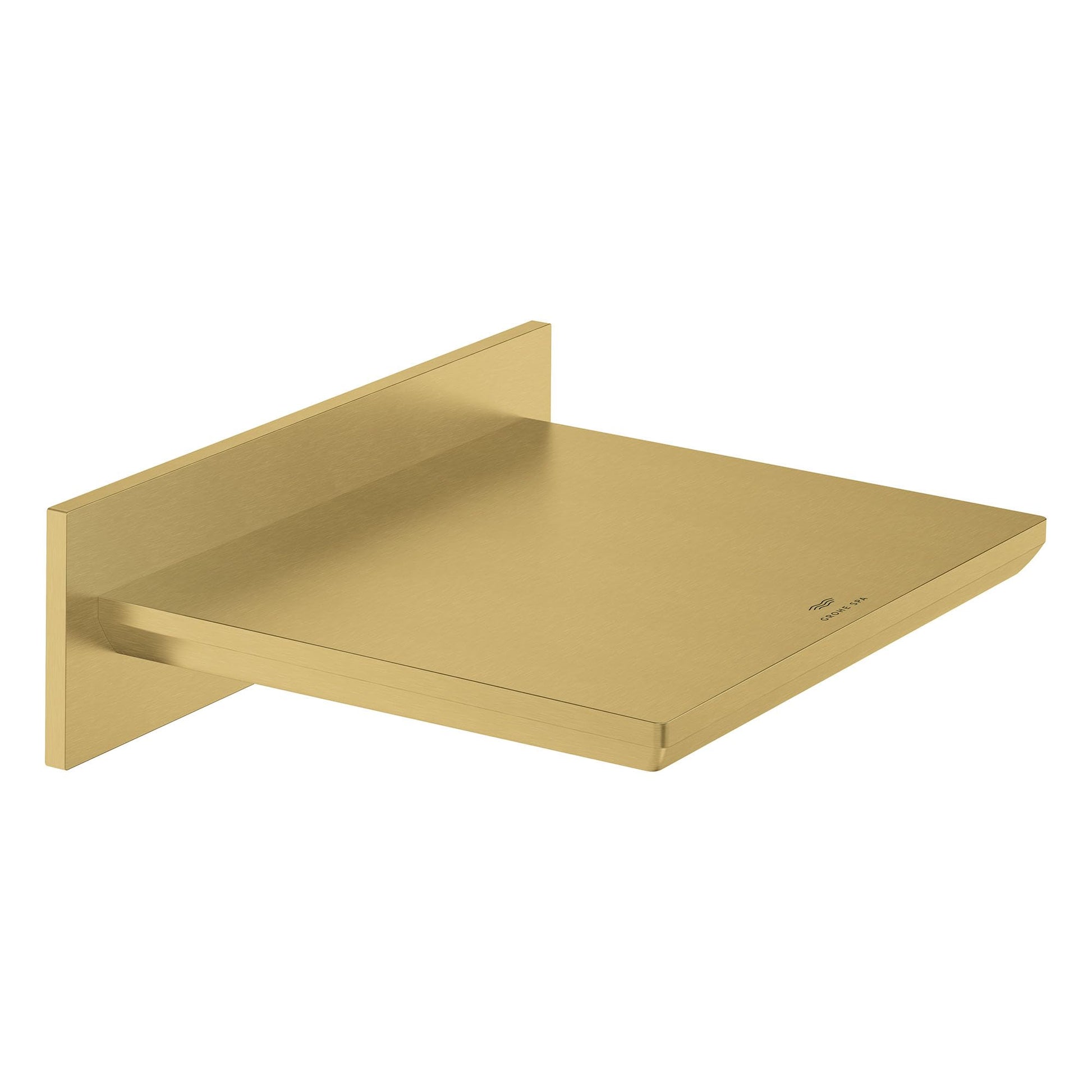 Brushed gold waterfall tub spout with wall-mounted rectangular escutcheon and angled spout outlet.