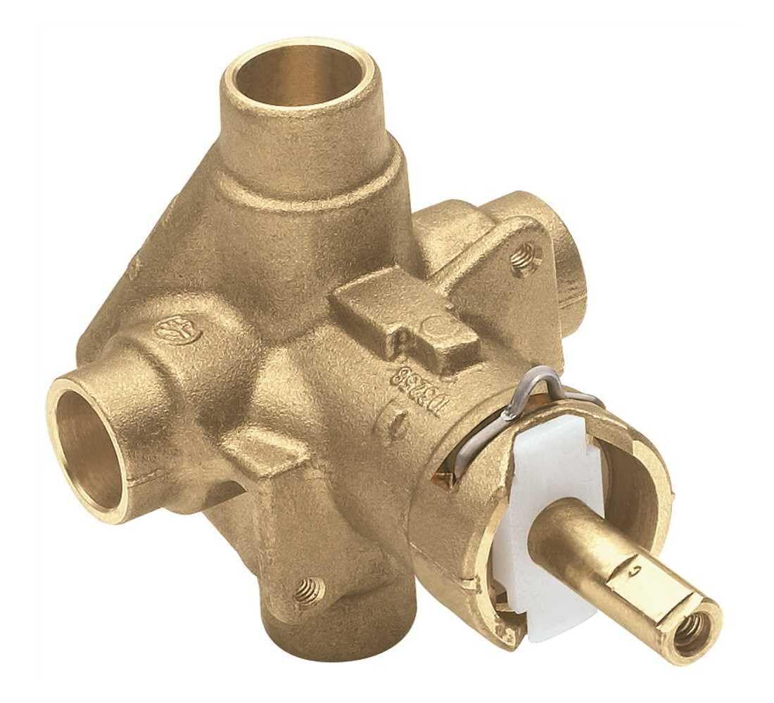 Brass tub and shower valve with sweat connections and adjustable temperature control cartridge.
