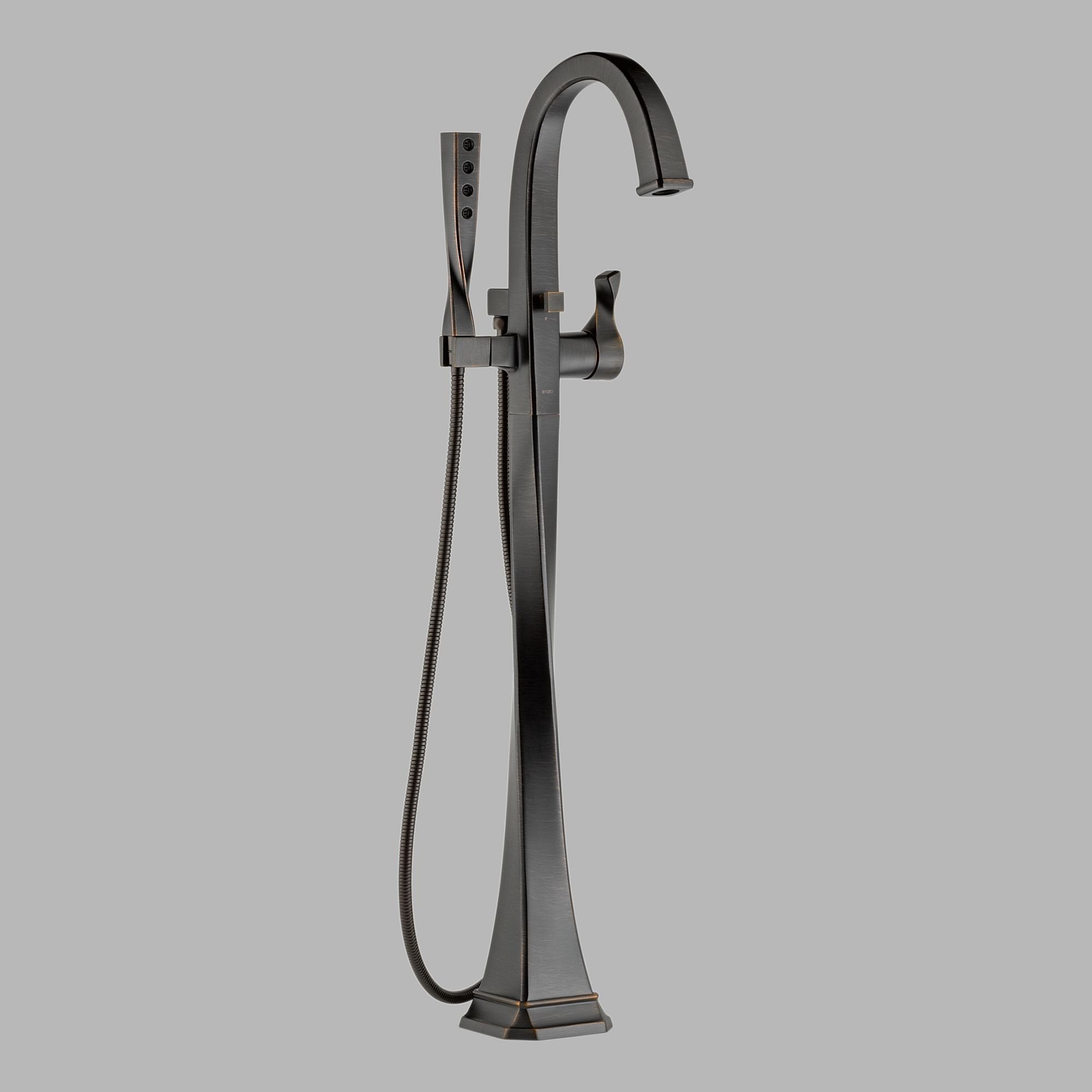 Black freestanding tub filler with curved spout, single handle, and handheld showerhead with hose.