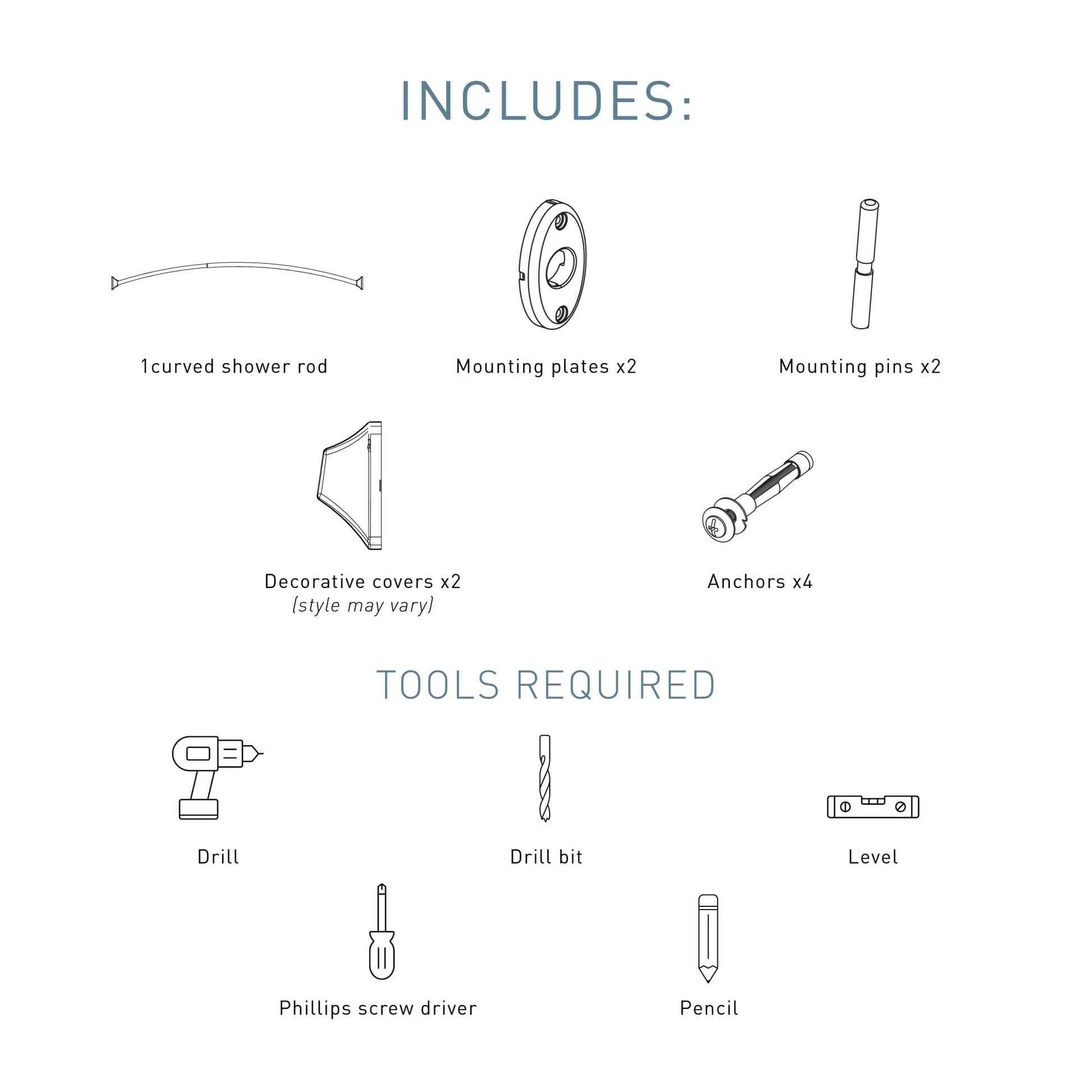 Curved brushed nickel shower rod with mounting plates, pins, decorative covers, and anchors included.