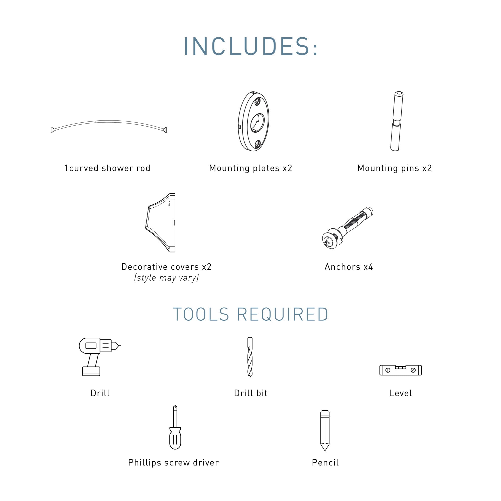 Curved brushed nickel shower rod with mounting plates, pins, decorative covers, and anchors included.