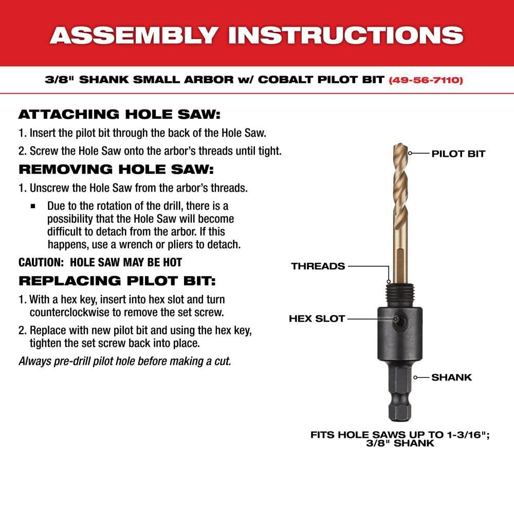 3/8" shank small arbor assembly with cobalt pilot bit and hex slot for hole saw attachment.