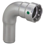 Silver metal 90-degree street elbow fitting with press connection and green indicator dot.