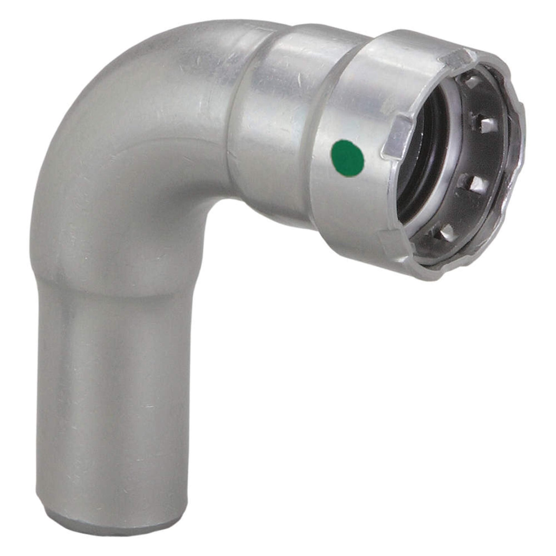 Silver metal 90-degree street elbow fitting with press connection and green indicator dot.
