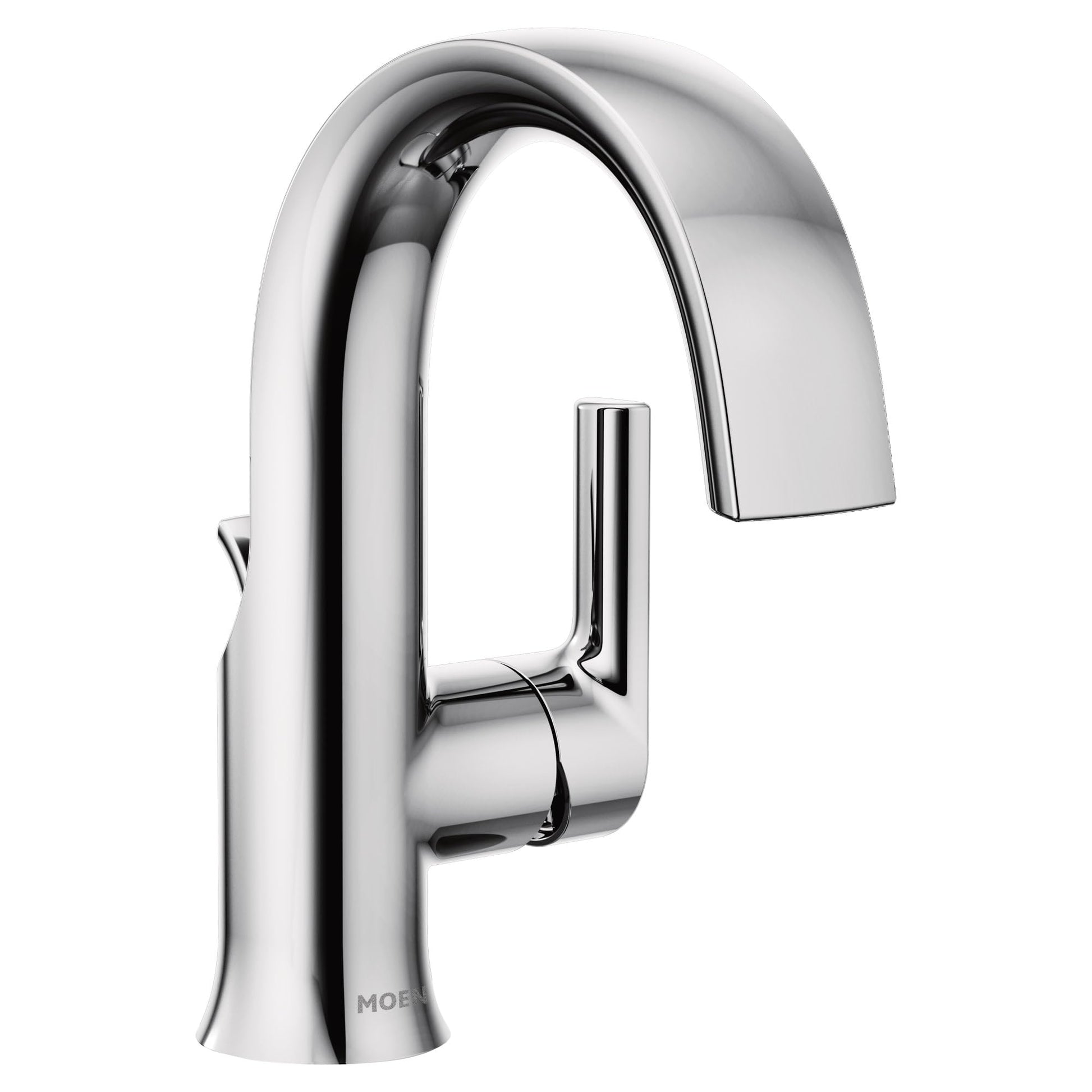 Chrome bathroom faucet with high arc spout, single lever handle, and curved basin neck design.