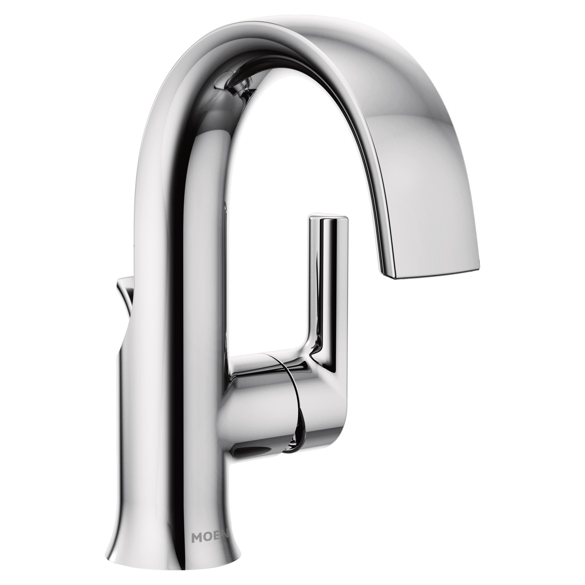 Chrome bathroom faucet with high arc spout, single lever handle, and curved basin neck design.