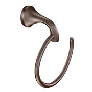 Oil rubbed bronze towel ring with curved handle and circular ring for hanging towels.