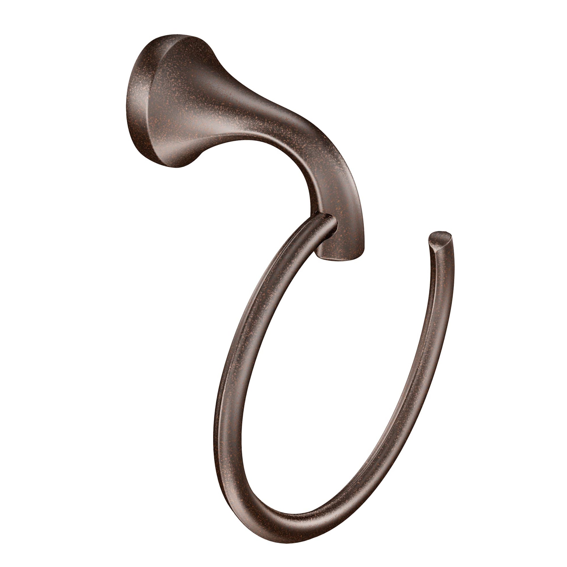 Oil rubbed bronze towel ring with curved handle and circular ring for hanging towels.
