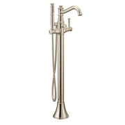 Polished nickel freestanding tub filler with single handle, curved spout, and detachable handshower on hose.