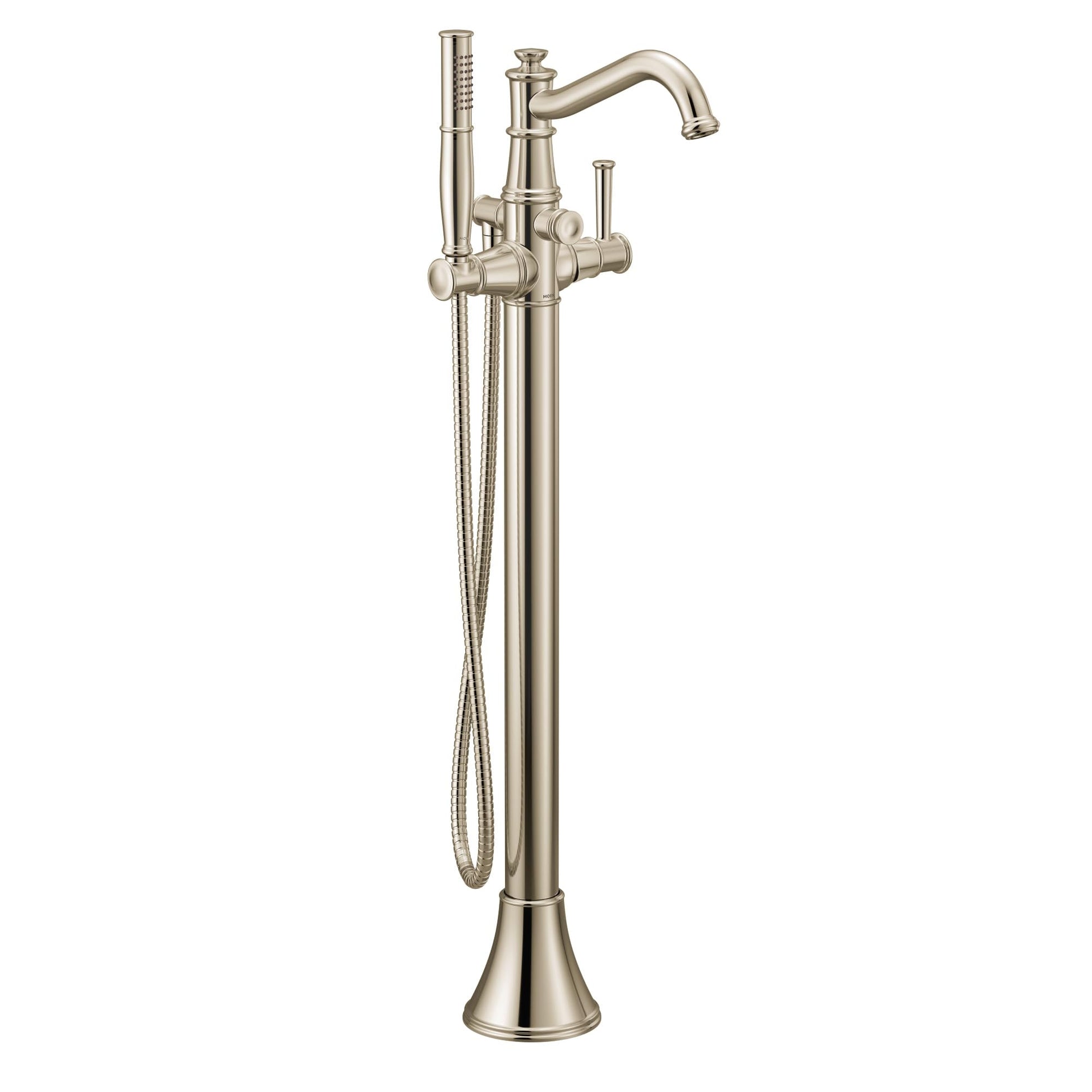 Polished nickel freestanding tub filler with single handle, curved spout, and detachable handshower on hose.