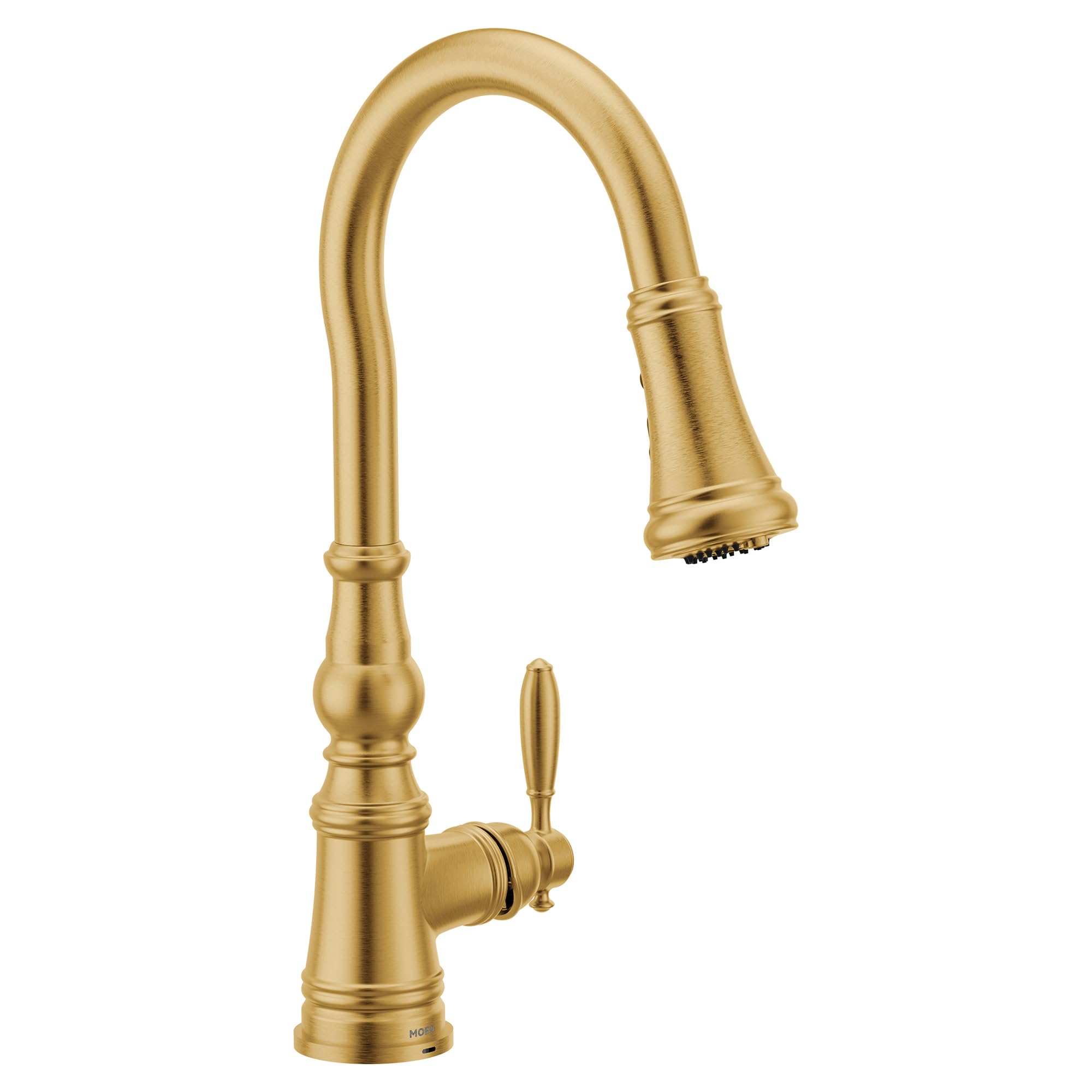 Brushed gold pulldown kitchen faucet with single lever handle and spray head.
