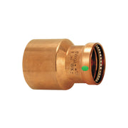 Copper press reducer fitting with larger diameter on left side tapering to smaller diameter on right, marked with Viega brand