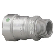 Silver metal press adapter with green identification dot and male threaded connection on right end.