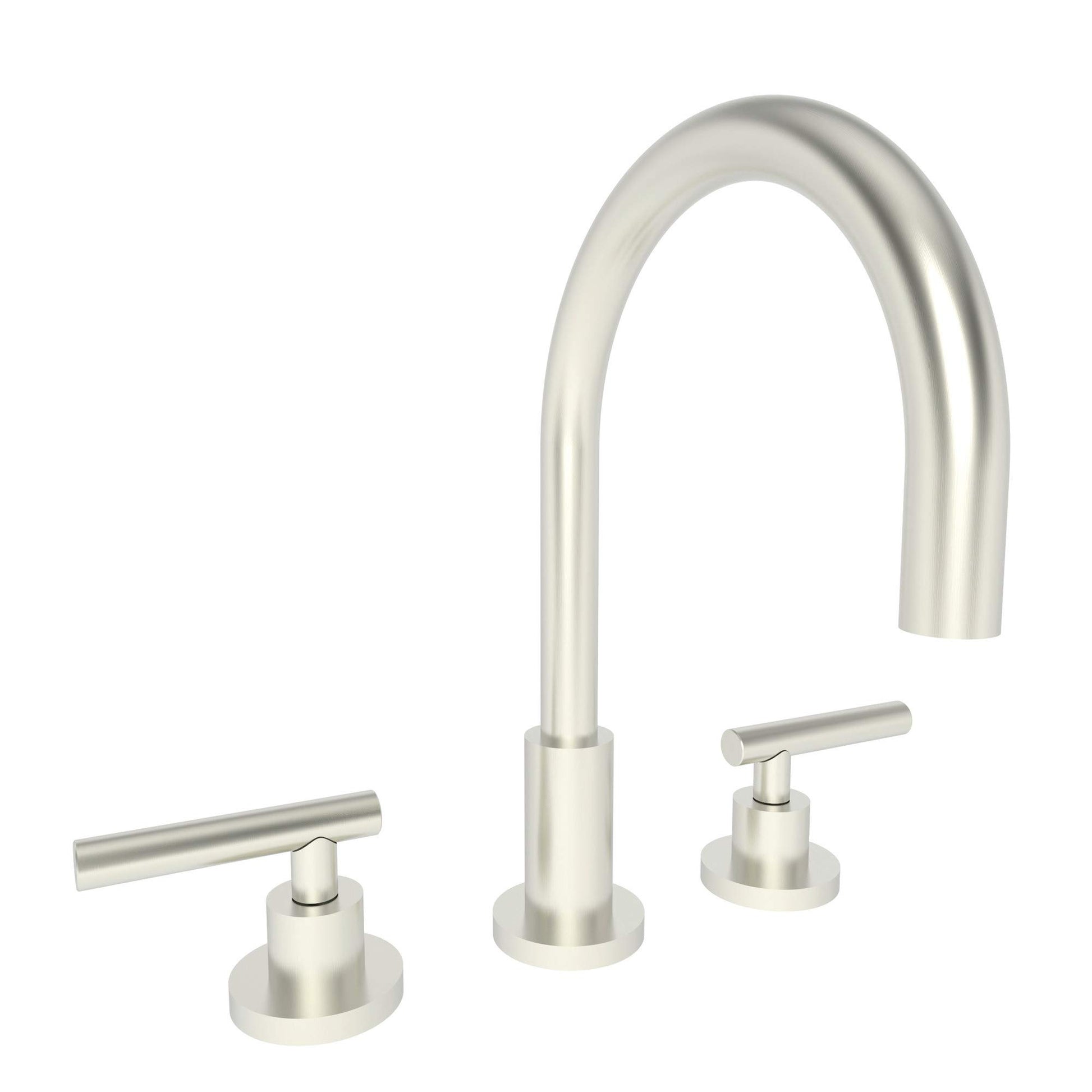 Three-piece satin nickel bathroom faucet with arched spout and linear lever handles.